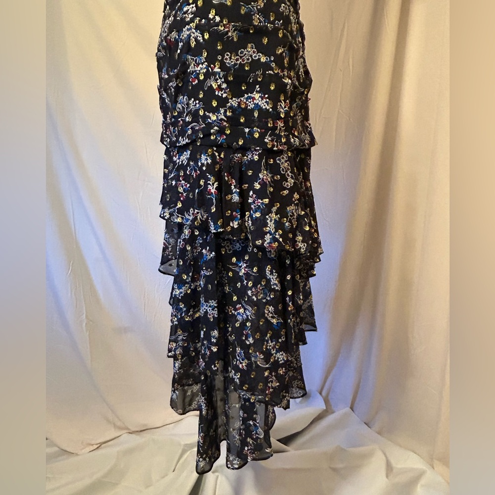 Veronica Beard Silk Gold Red Blue Black Ruffle Tiered Asymmetrical Dress Skirt - Picture 3 of 11